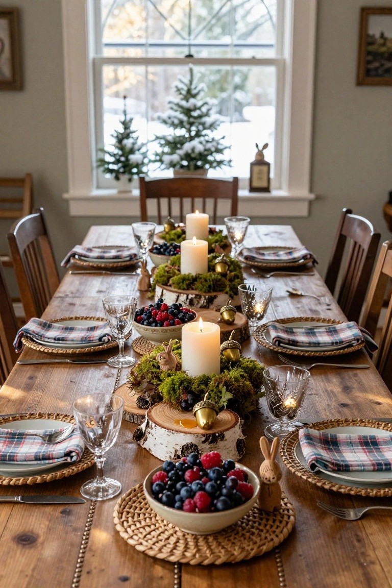 Wooden dining table set for Christmas with plaid napkins on rattan placemats, glassware, berry bowls, and multiple moss-covered birch slice centerpieces holding candles, bells, acorns, and small wooden bunny figures, next to a window showing snowy trees.