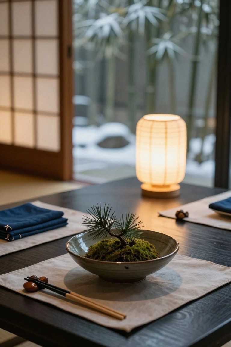 Wooden dining table with a green ceramic bowl of moss and small pine bonsai at center, flanked by navy napkins, chopsticks, orange nuts, beige placemat, and paper lantern, shoji screen door open to snowy bamboo garden.