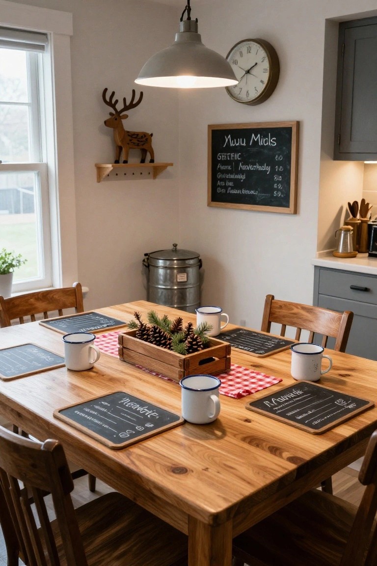 Rustic wooden dining table in a kitchen with chalkboard placemats labeled with names, enamelware mugs, checkered runner, pine cone centerpiece in wooden crate, wooden chairs, and nearby decor like a deer figure and menu chalkboard.