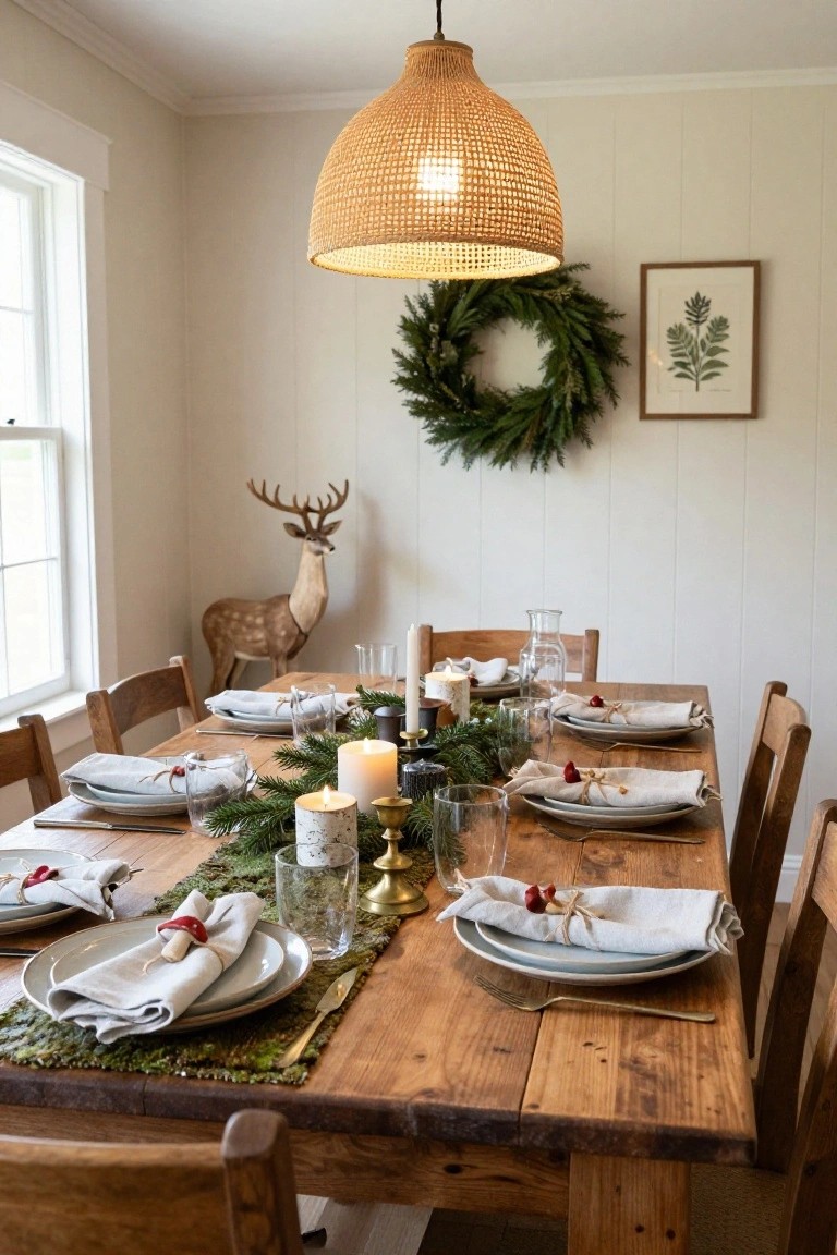 Wooden dining table in a white-walled room set for Christmas with green moss runner, fresh evergreen branches, white candles, linen napkins tied with red berries, glassware, plates, wooden chairs, deer figurine, wall wreath, and rattan pendant light.