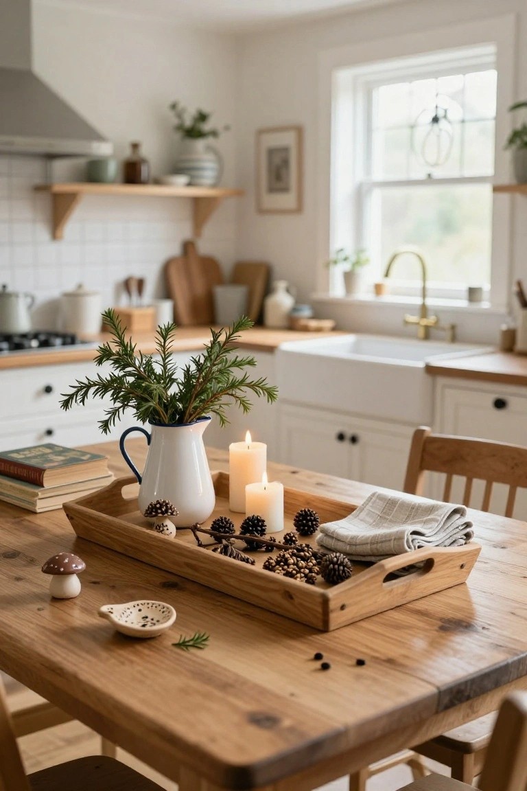 Wooden dining table in a white kitchen holding a rectangular wooden tray with pinecones, spotted mushrooms, candles, and a blue milk jug of rosemary branches, near wooden chairs and a farmhouse sink.
