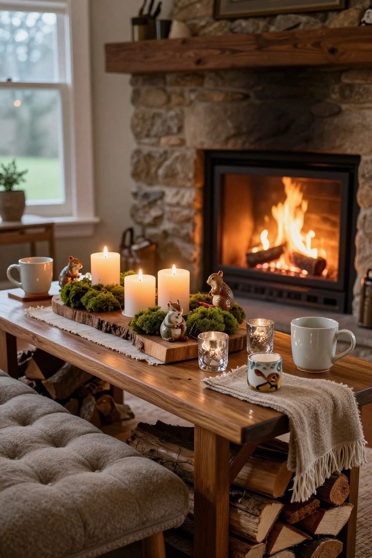 Wooden table in front of a stone fireplace holds a centerpiece of moss-covered wood slab with white pillar candles, squirrel figurines, glass votives, and white mugs nearby.