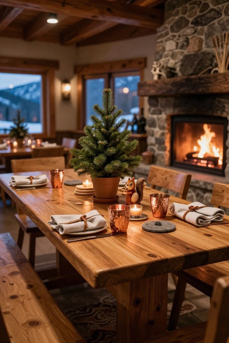 Wooden dining table in a cozy cabin room with stone fireplace, set with small potted Christmas tree centerpiece, copper mugs, candles, linen napkins tied with leather, squirrel figurine, and chairs on a rug.