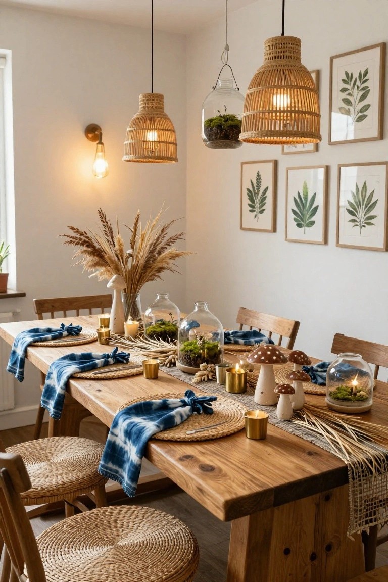 Wooden dining table decorated with blue napkins tied in knots, white toadstool mushroom figures, gold candles, glass terrariums with moss, pampas grass, and rattan placemats, under hanging rattan lamps in a white room with leaf prints on walls.