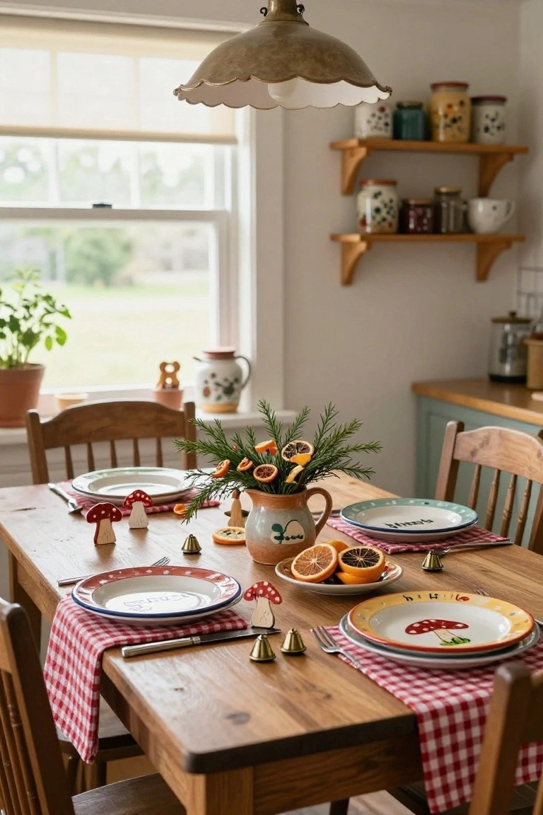 Wooden dining table in a light kitchen with mushroom-printed plates, toadstool figurines, pine branches and dried orange slices in a terracotta jug, bells, and checkered napkins.