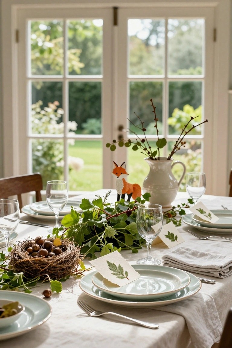 Dining table set for a meal with green plates, wine glasses, silverware, and a centerpiece of branches in a white jug, ivy leaves, a bird nest with acorns, and orange paper fox figures, seen through open French doors to a green garden and lawn.