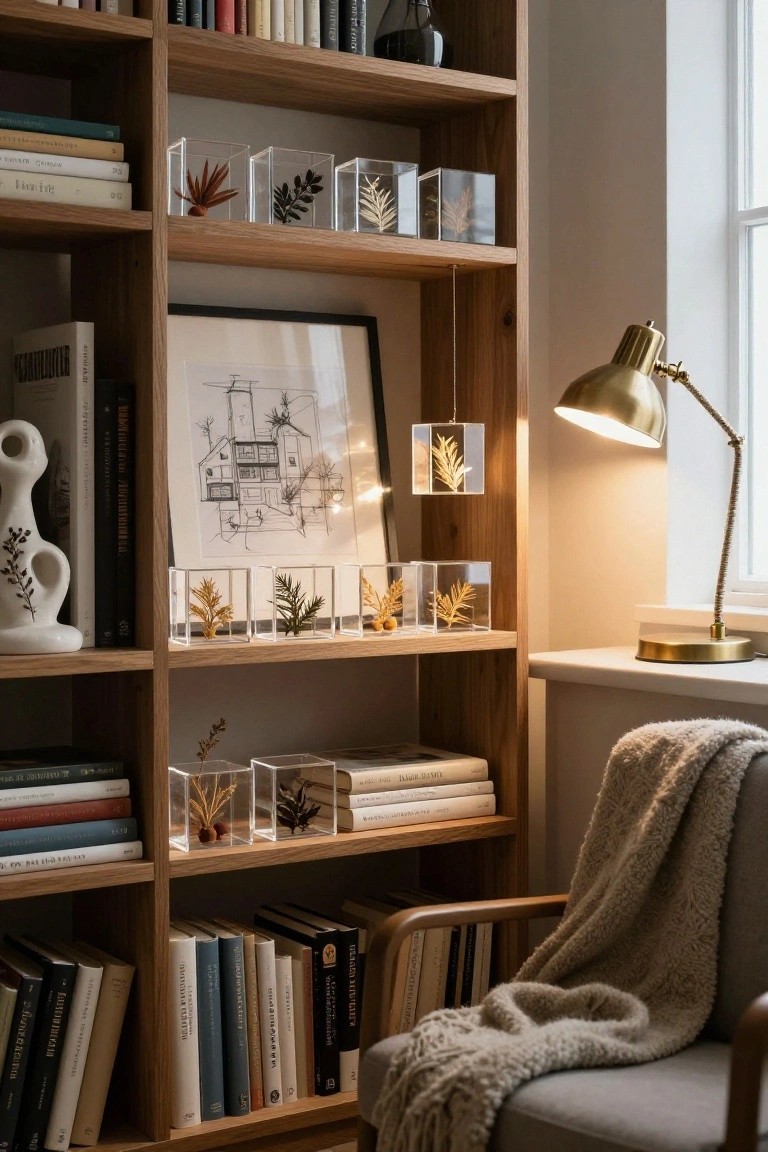Wooden bookshelves lined with books, clear acrylic cubes containing dried plants and leaves, ceramic vases, a framed line drawing, brass desk lamp, and armchair with throw blanket in a bright room.