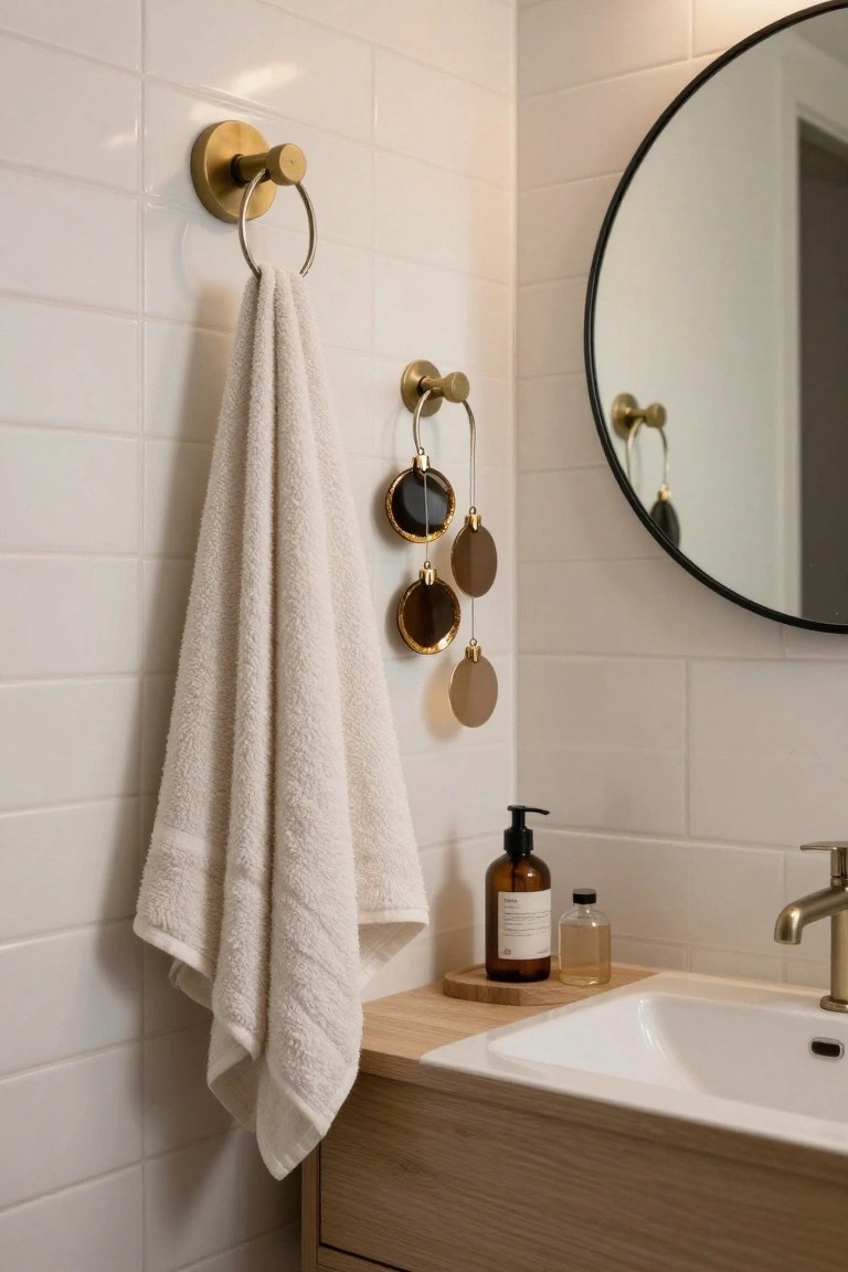 Modern bathroom featuring white subway tile walls, a gold towel ring holding a white towel, gold hooks with hanging circular black and bronze ornaments, a round black mirror with gold sconce, wooden tray with soap bottles on oak vanity, and white sink with gold faucet.
