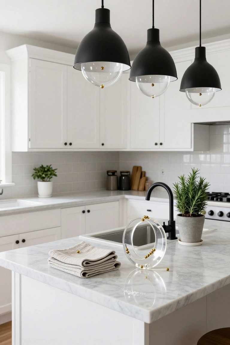 White shaker-style kitchen with black pendant lights containing clear globes with gold beads, marble island countertop holding potted rosemary and herbs, and white cabinets.