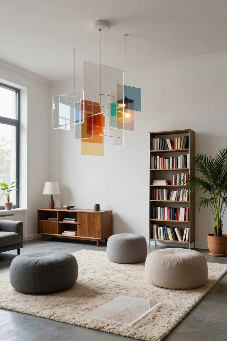 Contemporary living room with a multicolored acrylic panel chandelier suspended above a beige shag rug, flanked by wooden bookshelves, a sideboard, armchair, poufs, and potted plants near a window.