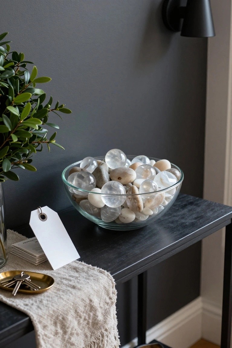 Glass bowl filled with clear and white rounded pebbles on a black side table, next to green leafy plant, white tag, stack of papers, gold key tray on linen runner, against gray wall with black wall lamp.