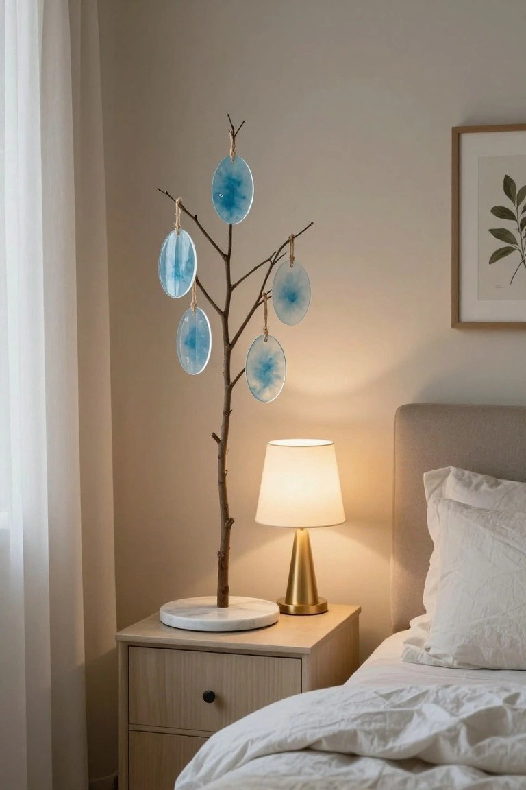 Bedroom nightstand with a natural branch sculpture holding five hanging blue oval acrylic ornaments, a gold lamp, marble base, and adjacent bed with white sheets and pillows.