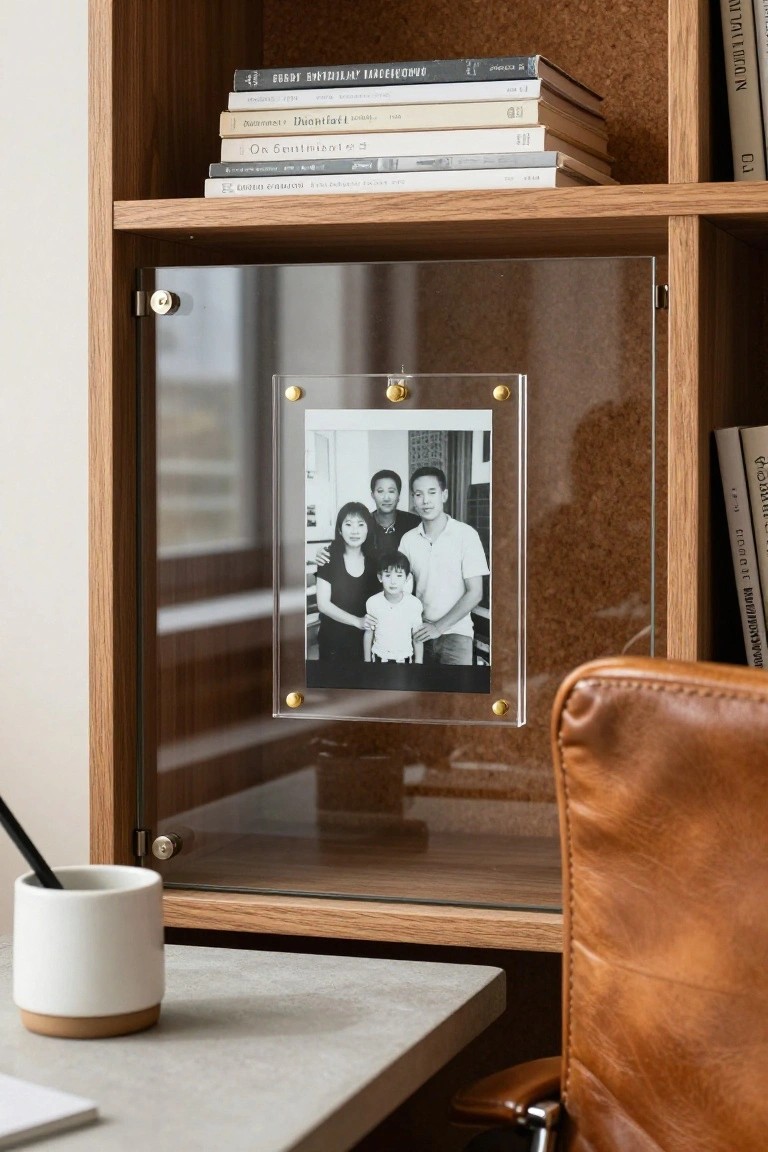 Wooden shelving unit with glass-fronted cabinet displaying a black-and-white family photo in a clear acrylic frame pinned with gold hardware, beside a desk with a white mug and pencil holder, and a tan leather chair.