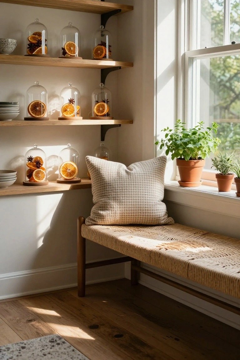 Wooden floating shelves displaying glass cloches filled with dried orange slices and star anise next to a window with a cushioned rattan bench, potted herbs on the sill, and hardwood floors.