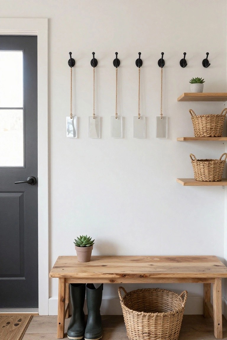 White entryway wall with black hooks holding rope-suspended clear acrylic rectangles, wooden floating shelves with wicker baskets and potted succulents above a wooden bench with green rain boots and a large wicker basket underneath, gray front door to the left.