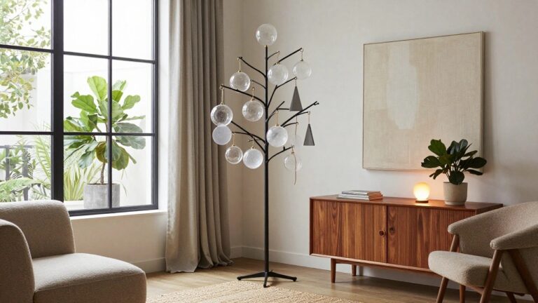 23 Acrylic Christmas Ornament Ideas That Feel Sleek and Modern A black metal tree-like floor sculpture in a light-colored living room, decorated with multiple clear glass spheres, discs, and geometric shapes hanging from its branches, positioned near a wooden sideboard, beige sofa, and window with cream curtains.