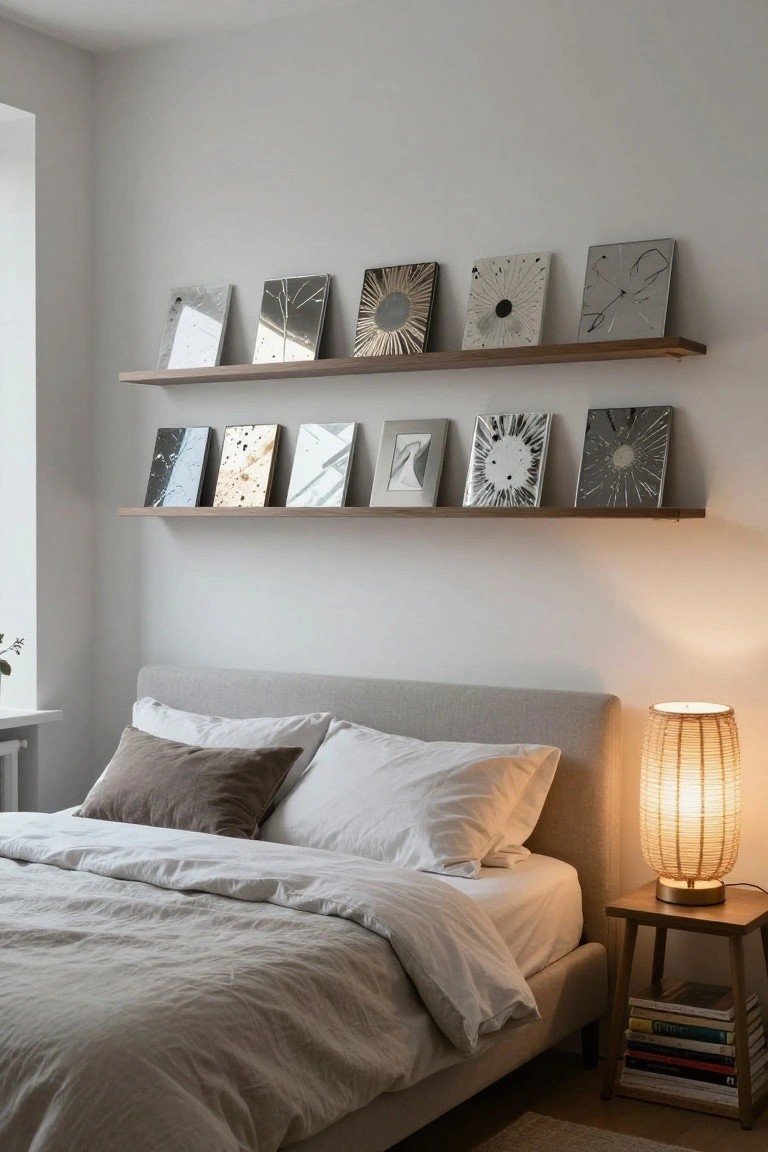 Bedroom interior with two floating wooden shelves displaying abstract metallic and mirrored square panels above a gray upholstered bed, next to a rattan lamp on a wooden nightstand with stacked books.