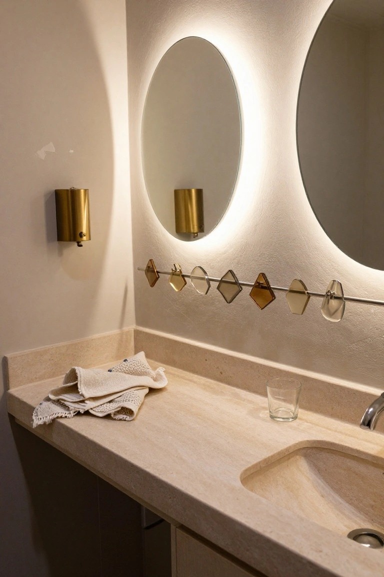 Modern bathroom vanity with travertine countertop, empty glass tumbler, folded white towel with fringe, brass faucet and drain, large round backlit mirror, brass wall light, and a horizontal bar above holding assorted geometric translucent shapes.