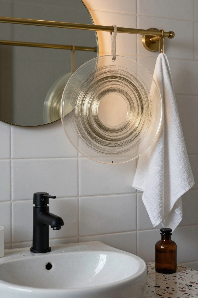 Transparent swirled glass plate hanging from brass towel bar next to white towel in white-tiled bathroom with black faucet, white sink, and amber bottle on terrazzo counter.