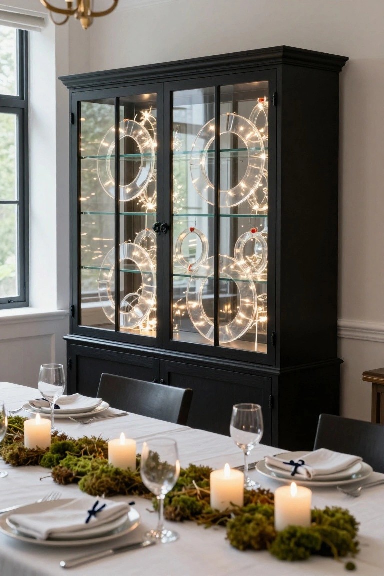 Black glass-fronted cabinet displaying multiple clear acrylic rings lit with fairy lights on shelves, beside a dining table set with white plates, napkins, wine glasses, candles, and moss centerpiece in a room with large windows.