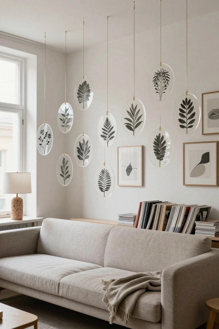 Living room corner featuring a light gray sofa with a throw blanket, cork-based lamp on a side table, stacked bookshelves, and numerous clear acrylic circular ornaments with black leaf designs suspended from gold chains on the ceiling against white walls.