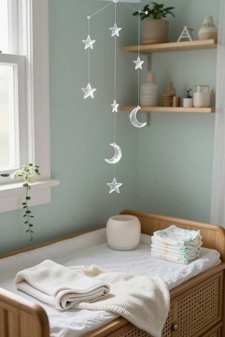 Mint green nursery room featuring a wooden changing table with white blanket and stack of diapers, clear acrylic star and crescent moon mobile hanging above, wooden shelves with plants and ceramics, and a window with plant.