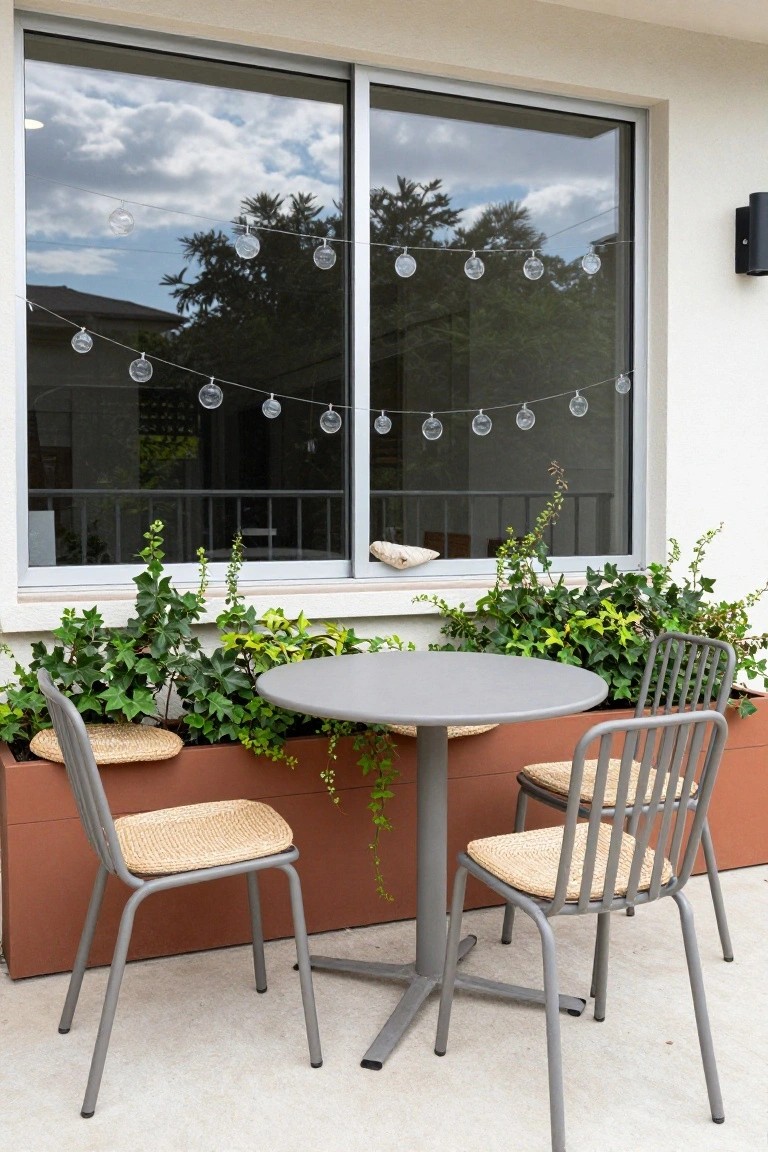 Balcony with small round gray metal table, two gray metal chairs with beige rattan seats, red planters of ivy, and string of clear acrylic Christmas ornaments hanging across large sliding glass window.