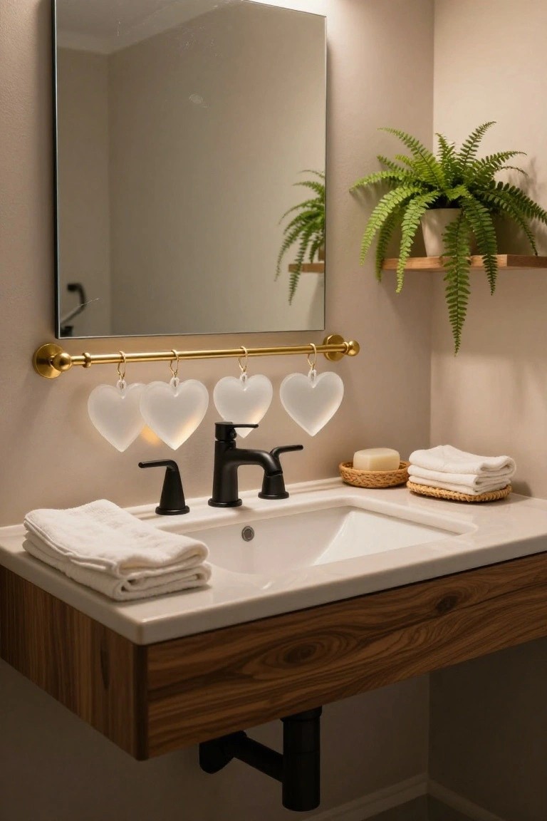 Modern bathroom corner with white rectangular sink on wood vanity, black faucet, folded white towels, soap in rattan dish, four frosted white heart ornaments hanging from gold bar beside mirror and potted fern plant on shelf.