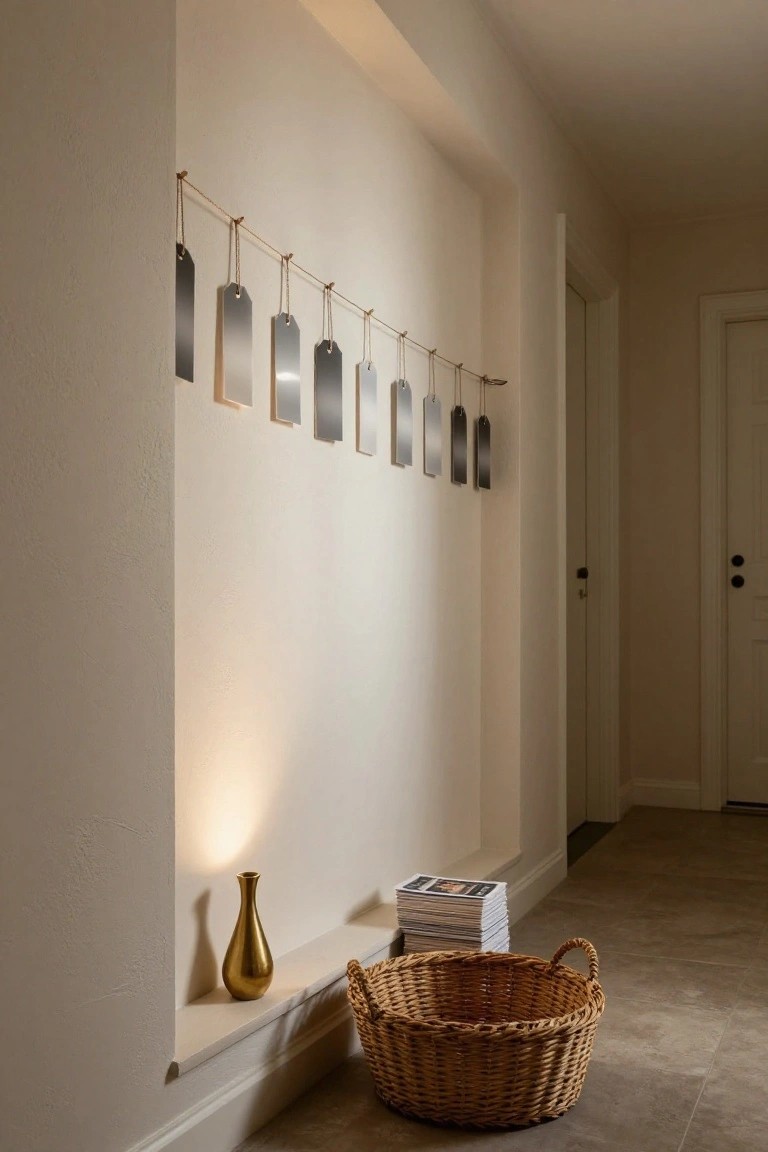 Rectangular silver tags suspended from twine along a beige wall niche in a hallway, with a gold vase on a shelf, stack of magazines, and woven basket on the tiled floor.