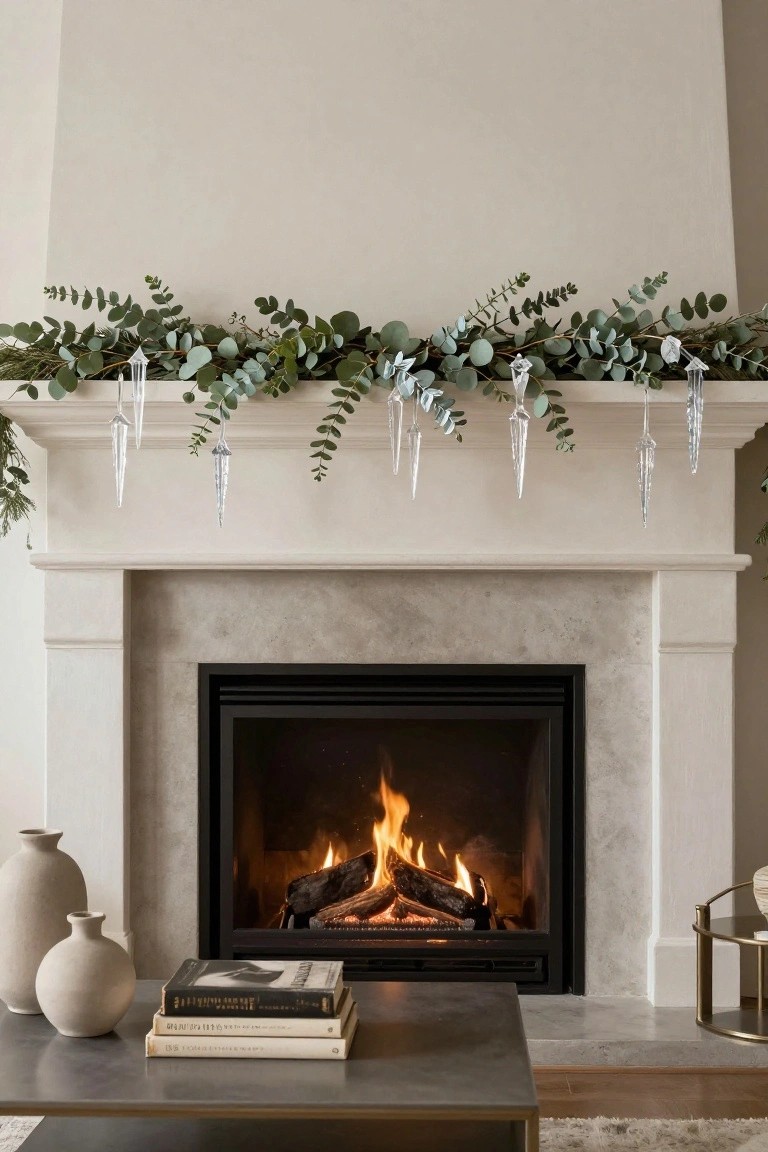 A fireplace mantel topped with green eucalyptus garland from which clear icicle-shaped ornaments hang, above a lit gas fireplace with logs, flanked by beige ceramic vases and a coffee table holding stacked books.