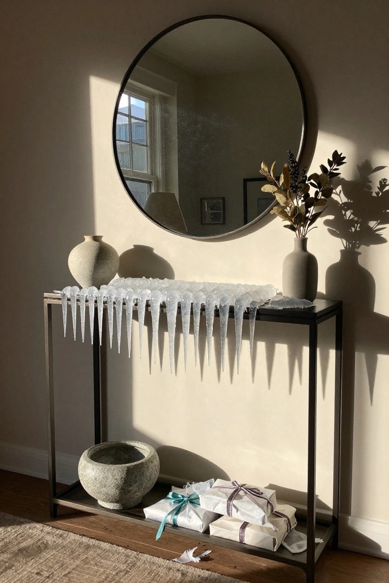 Black metal console table in a light beige room with draped clear acrylic icicle ornaments, two ceramic vases, dried flower stems in a gray vase, stone bowl, and wrapped gifts on the lower shelf, beside a large round mirror reflecting a window.