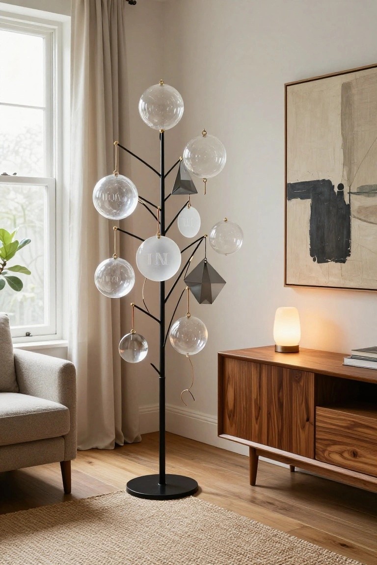 A black metal tree-like floor sculpture in a light-colored living room, decorated with multiple clear glass spheres, discs, and geometric shapes hanging from its branches, positioned near a wooden sideboard, beige sofa, and window with cream curtains.