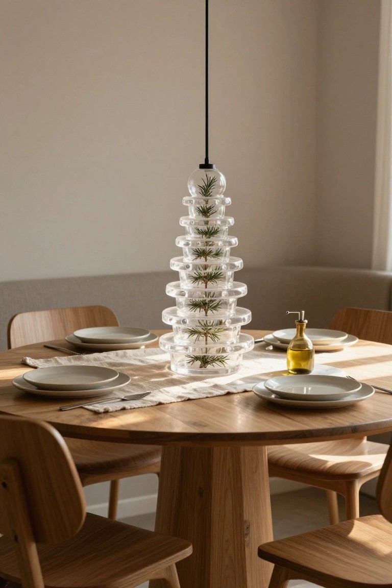 Clear stacked acrylic orbs filled with pine sprigs form a tall Christmas tree sculpture on a round wooden dining table set with white plates, linen runner, and olive oil bottle, with wooden chairs and beige walls in the background.