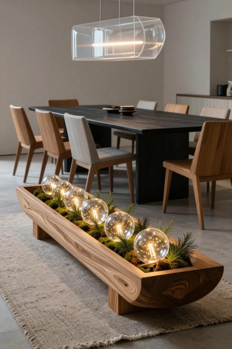 Long wooden trough on the floor next to a black dining table, filled with moss, pine branches, and multiple clear glass globes containing illuminated LED lights, in a light-colored dining room with mixed chairs and a linear pendant fixture overhead.