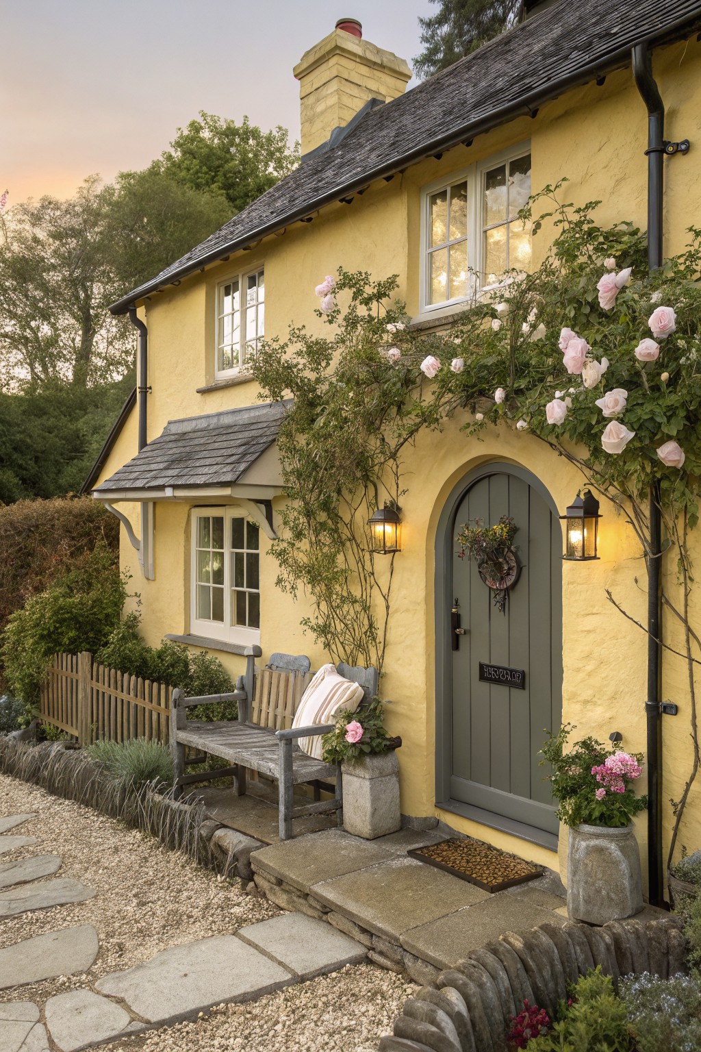 Yellow stucco cottage with dark green arched door, pink climbing roses on the walls, wooden bench with cushions, stone lanterns, potted plants, picket fence, and gravel path.