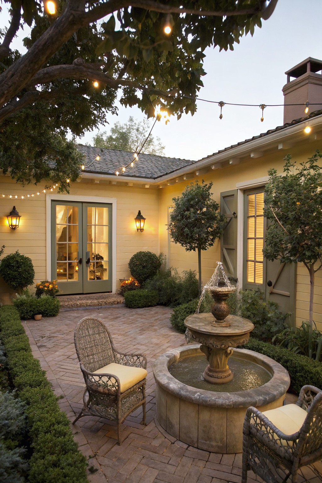 Yellow stucco house wall with green shutters and French doors adjacent to a brick-paver courtyard containing a central stone fountain, two wicker chairs with cushions, boxwood hedges, and string lights overhead at dusk.