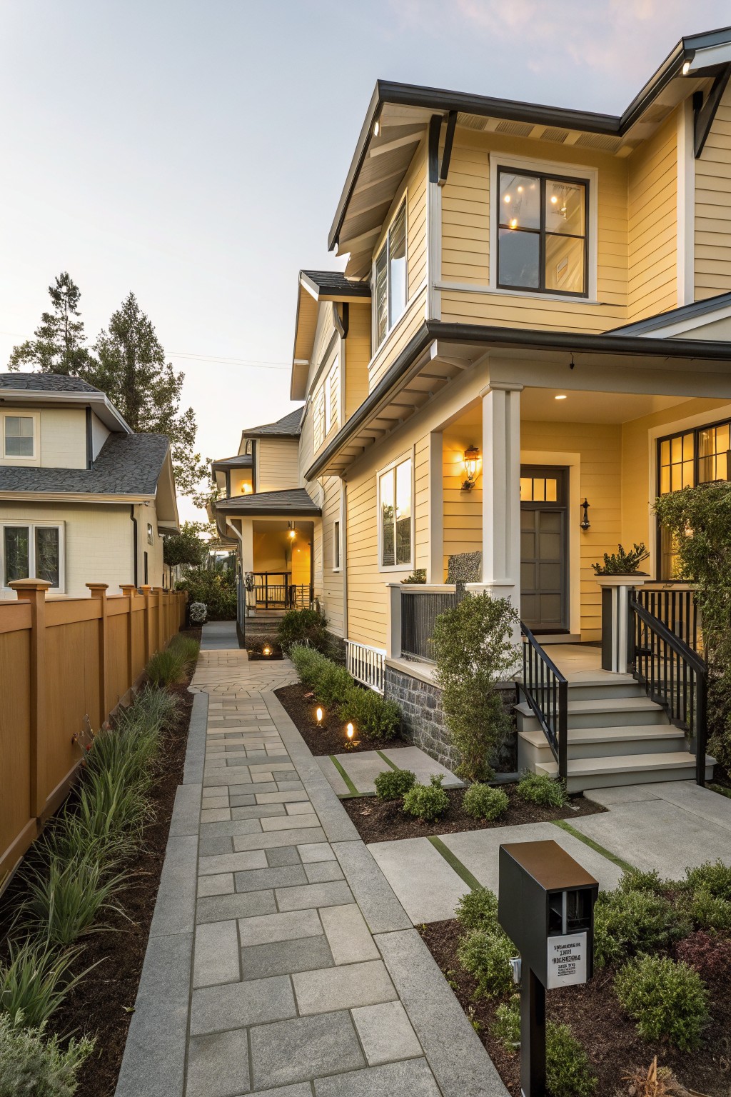 Two-story yellow house with dark gray trim and black roof edges, showing a covered front porch with steps and railing, a paved walkway lined with plants, wooden fence, and stone base at dusk.