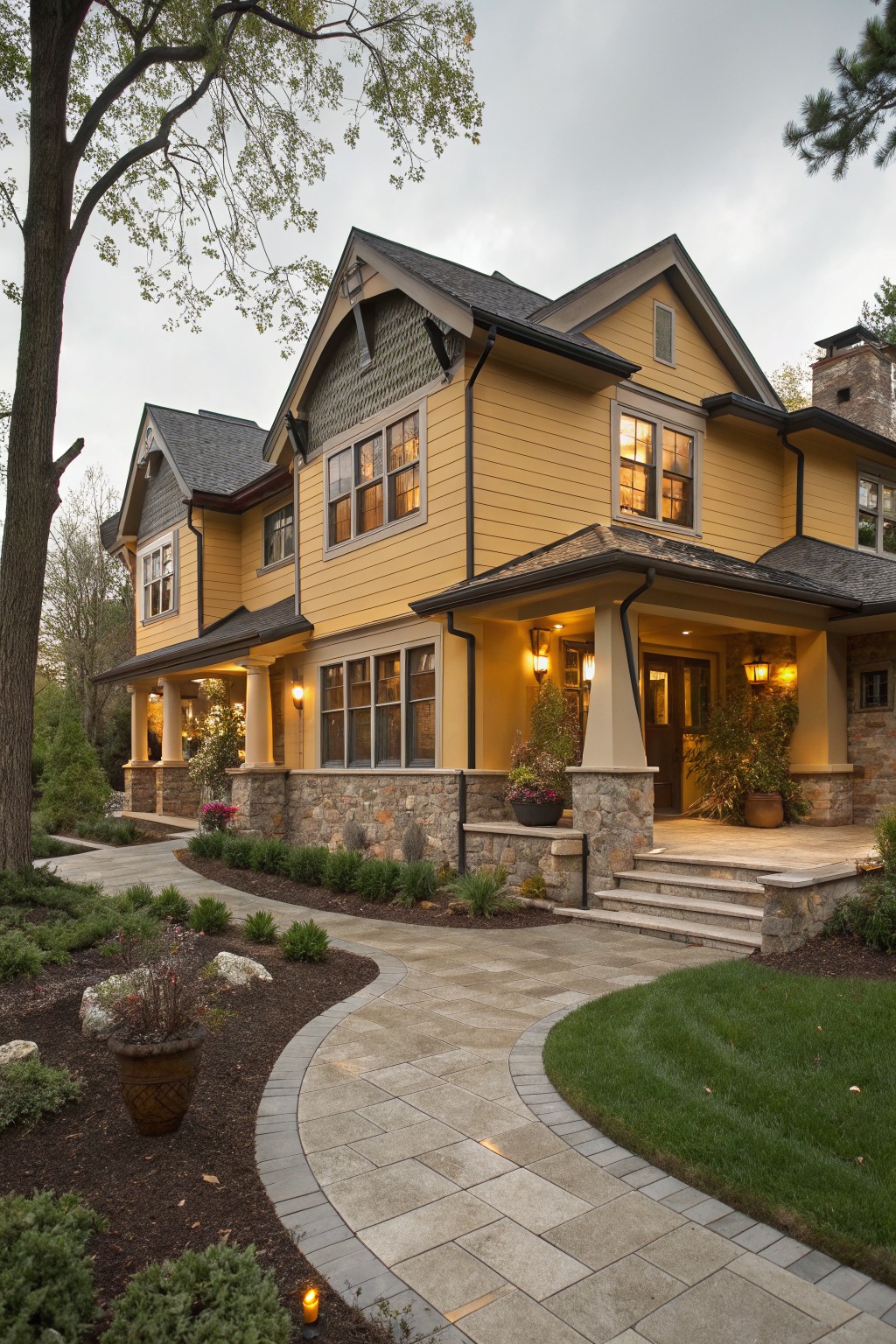 A two-story yellow house with dark gray shingled roof, black trim, stone foundation and accents, covered front porch with columns, curved paver pathway, landscaping beds, and large trees nearby under cloudy skies.