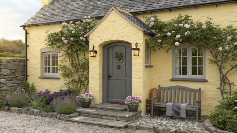 Yellow stucco cottage with dark green arched door, pink climbing roses on the walls, wooden bench with cushions, stone lanterns, potted plants, picket fence, and gravel path.
