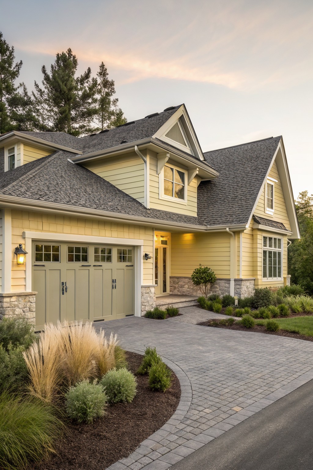 Pale yellow clapboard house with dark gray shingle roof, two-car garage featuring gray paneled doors, stone accents, paver driveway, ornamental grasses, shrubs, and pine trees at dusk.