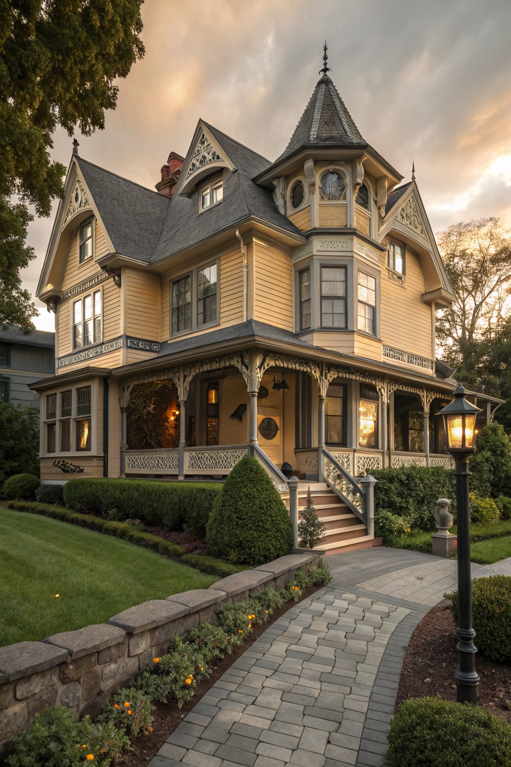 A two-story yellow Victorian house with dark gray trim, ornate turret and porch, front steps, landscaped yard, stone wall, and pathway at dusk.