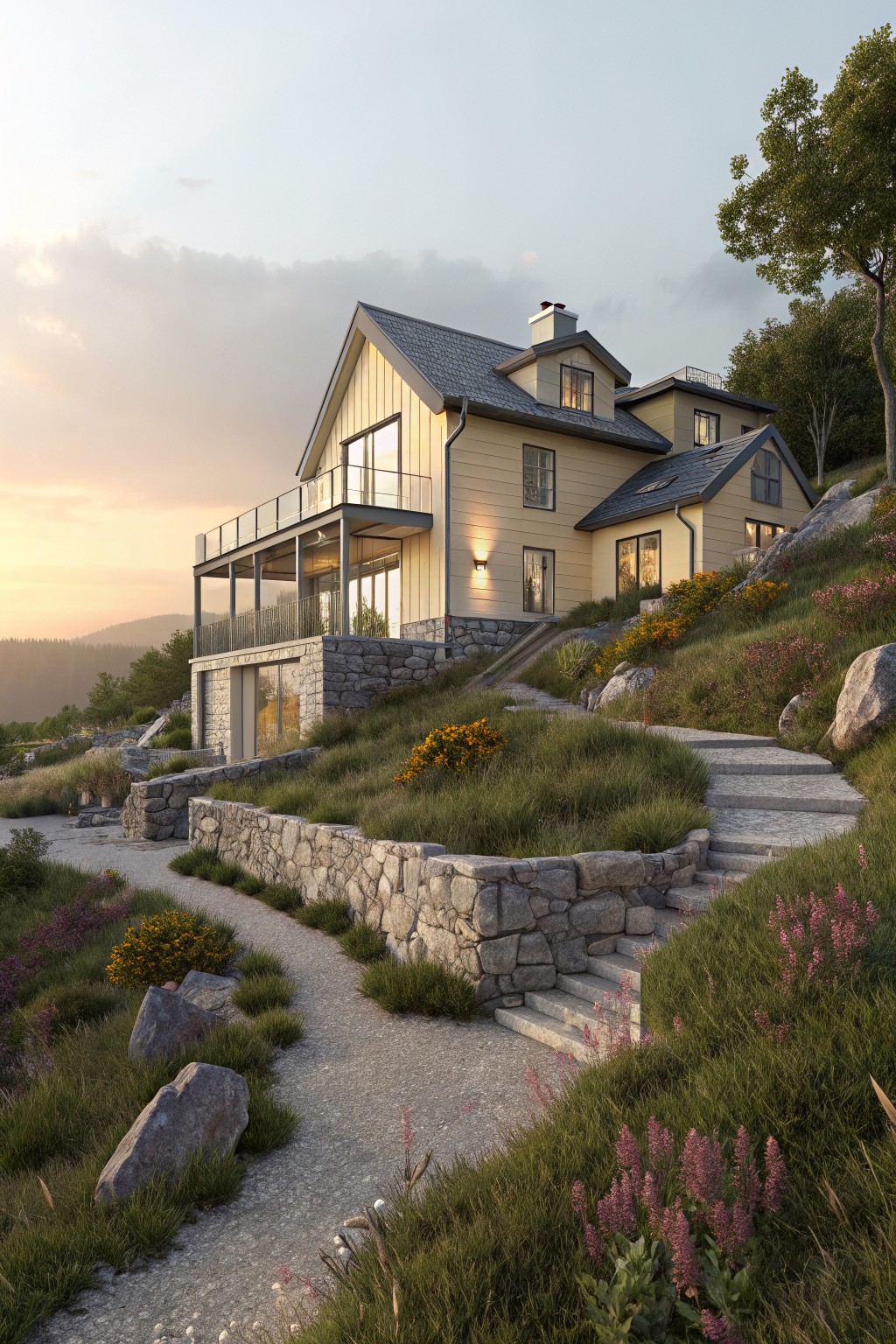 A two-story yellow clapboard house with gray shingle roof, metal trim, and large glass windows on a steep hillside, surrounded by stone retaining walls, concrete steps, gravel paths, and native grasses and flowers.
