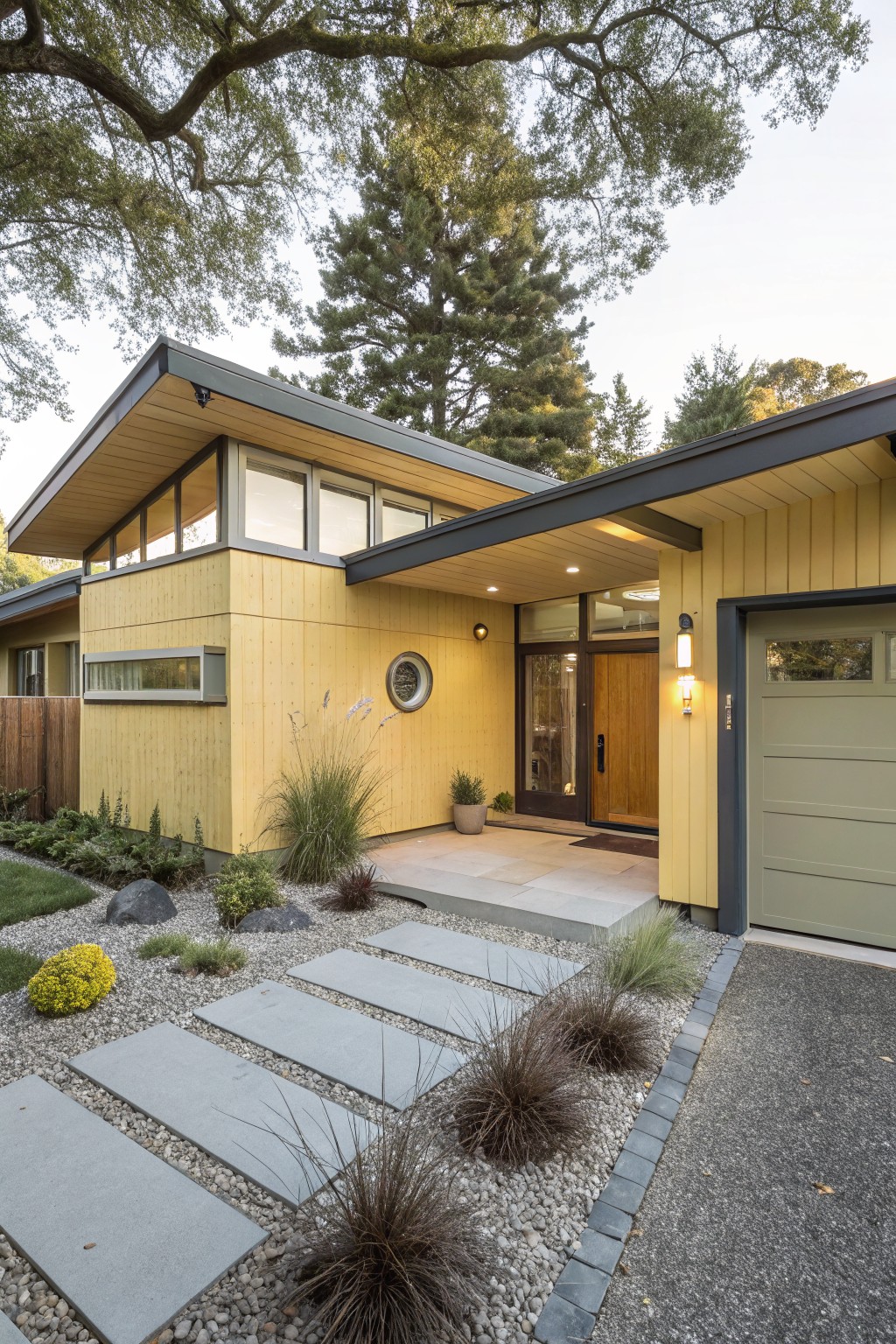 Single-story modern house with light yellow vertical wood siding, dark gray trim and roof edges, cantilevered entry overhang, large glass windows, round porthole window, wood front door, green garage door, concrete paver path, gravel ground cover, grasses, rocks, and surrounding trees.