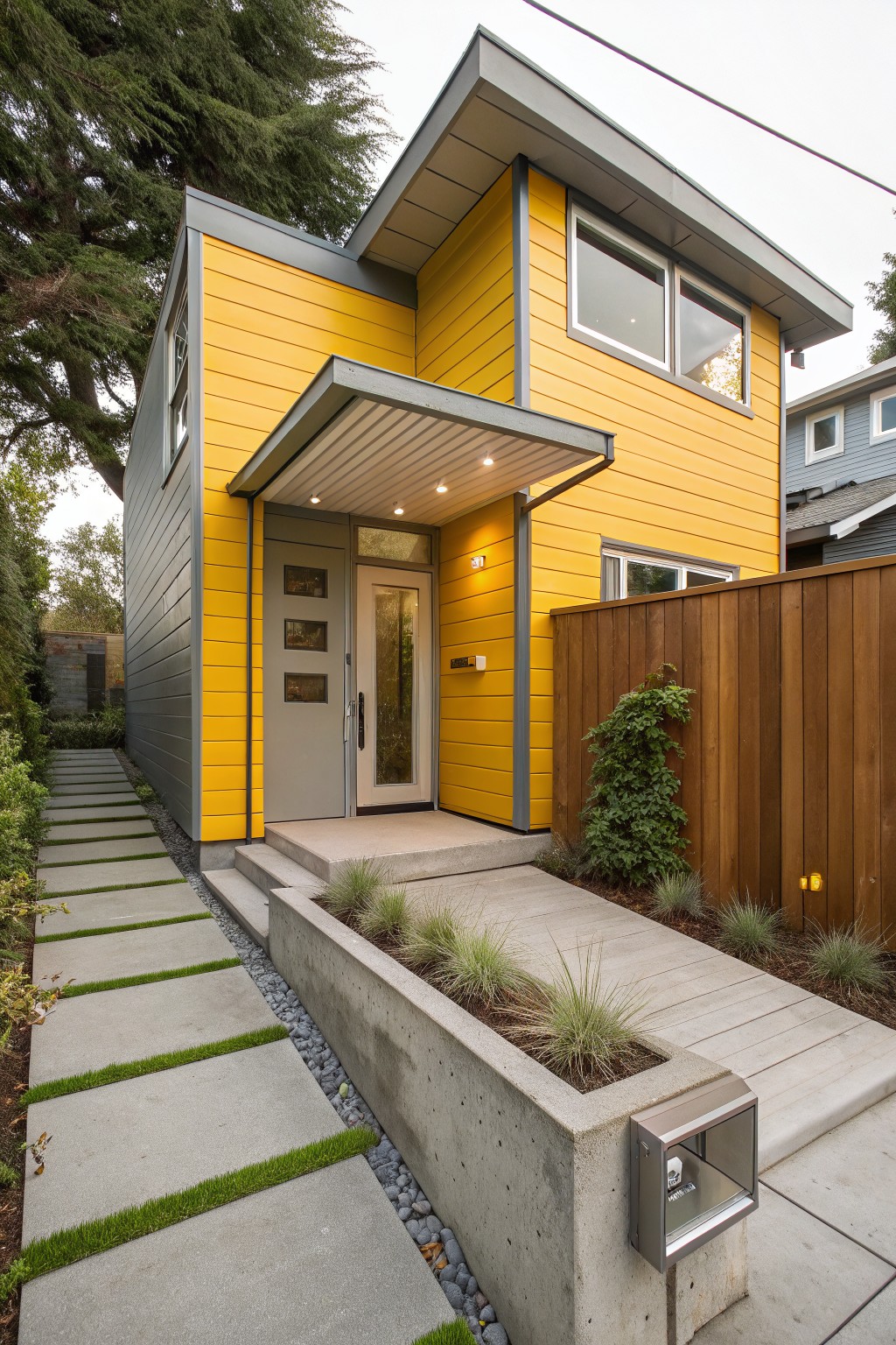 A compact two-story modern house with yellow clapboard siding and gray trim, featuring a cantilevered roof over the front entry door, concrete steps and pathway with grass strips, a wooden side fence, and low plantings along the base.