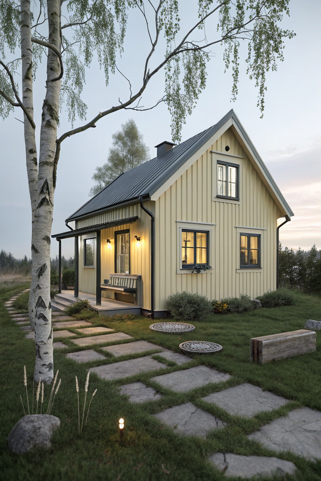 Small pale yellow wooden house with dark gray metal roof, black trim around windows and doors, front porch with bench, stone path, grass lawn, birch trees, and plants at dusk.