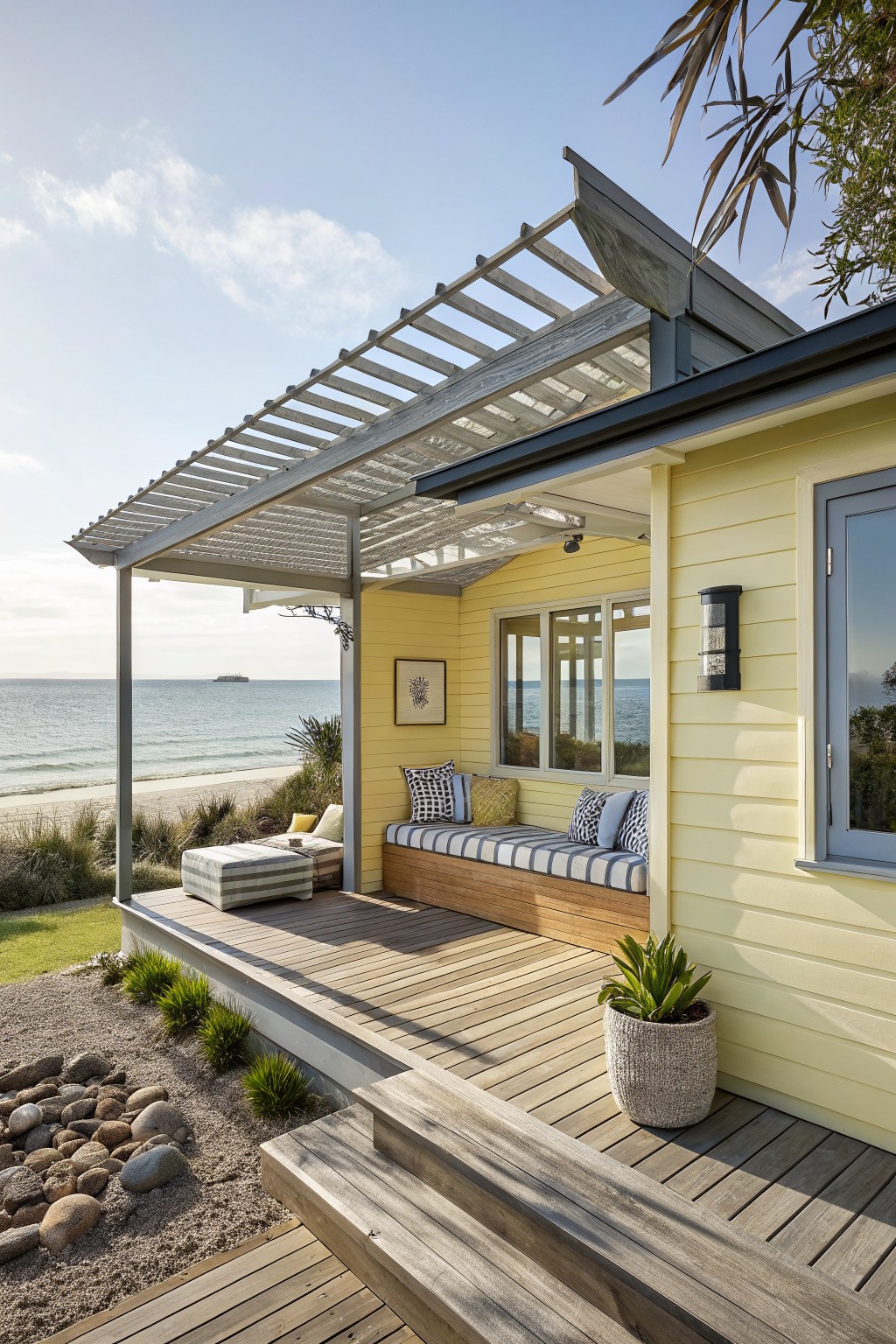 Pale yellow weatherboard house with gray trim, pergola-covered deck, built-in cushioned bench, potted plant, and rocky garden bed overlooking sandy beach and ocean.