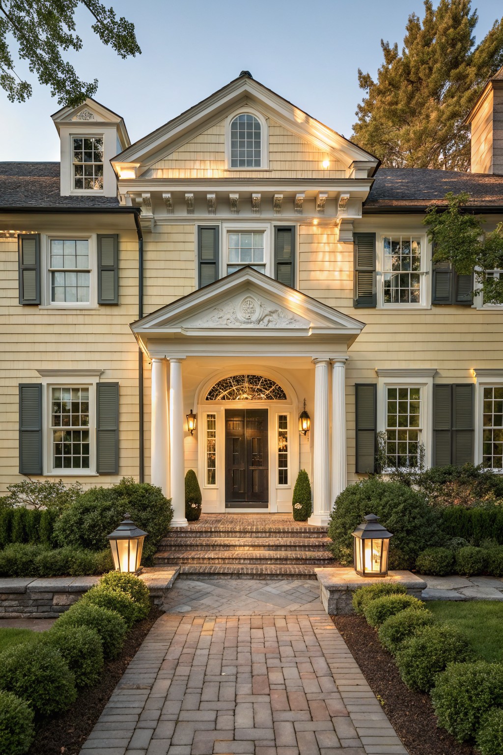 Pale yellow shingle-style house with dark shutters, white columned portico entry, brick pathway flanked by boxwood shrubs, and lanterns.