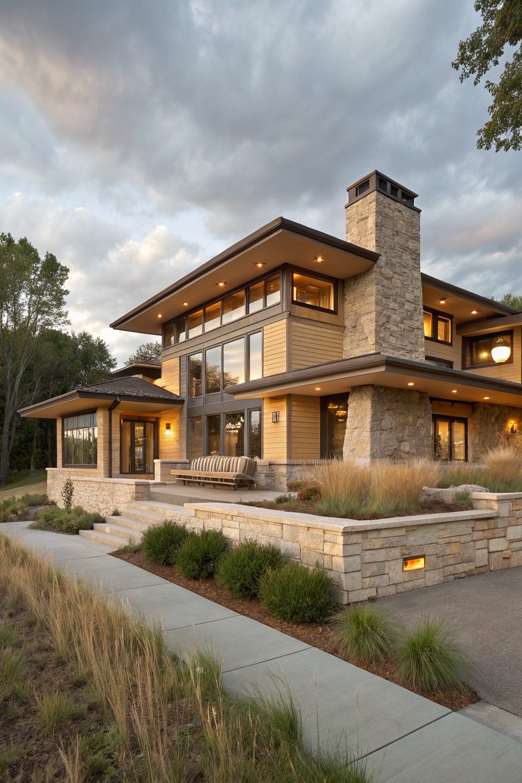Contemporary two-story house exterior with beige wood siding, tall gray stone chimney, large multi-pane windows, wooden bench on entry porch, stone retaining wall with gas flame feature, native grasses, and concrete pathway at dusk.