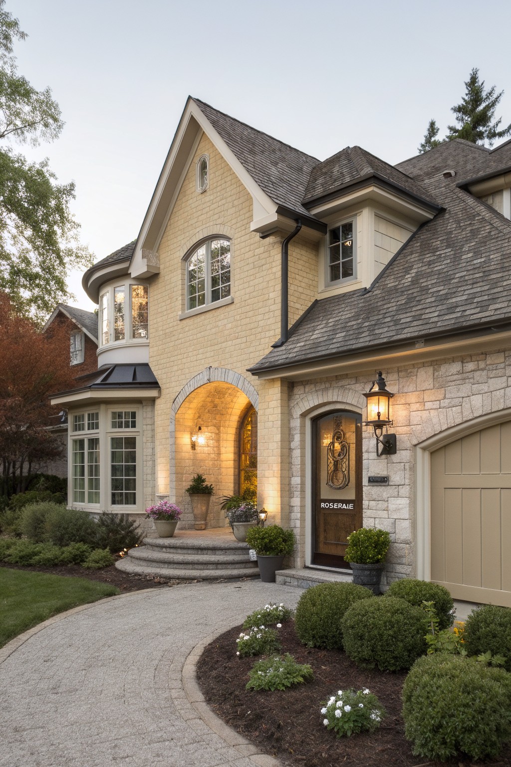 Two-story yellow brick house exterior featuring gray shingle roof, arched stone entryway with wood door, beige garage door, bay windows, landscaped front yard with shrubs, flowers, and curved gravel path.