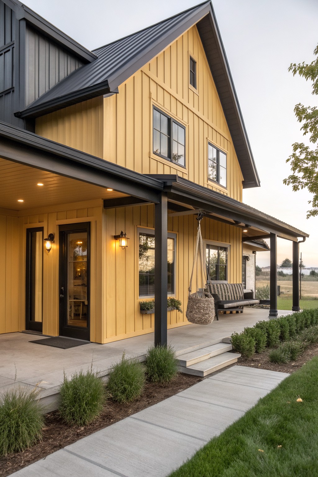 Two-story house with mustard yellow board-and-batten siding, black metal roof and trim, covered front porch with hanging basket swing and lanterns, steps leading to black front door, shrubs along the concrete path, and green lawn.